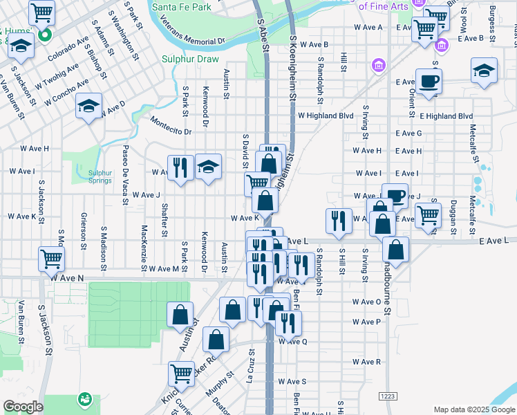 map of restaurants, bars, coffee shops, grocery stores, and more near 501 West Avenue K in San Angelo