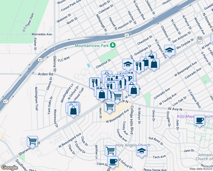 map of restaurants, bars, coffee shops, grocery stores, and more near 3201 San Antonio Street in San Angelo
