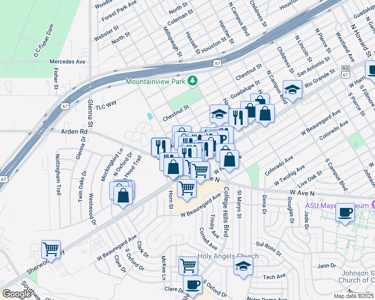 map of restaurants, bars, coffee shops, grocery stores, and more near 3201-3299 San Antonio Street in San Angelo
