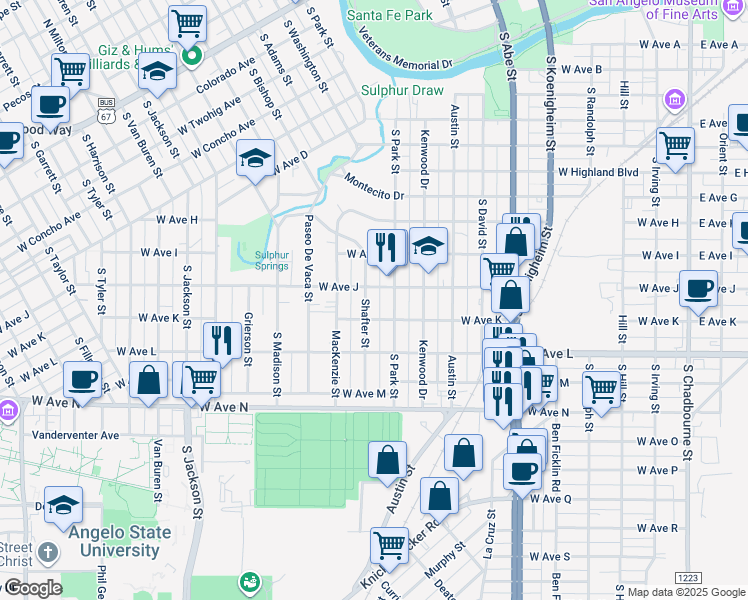 map of restaurants, bars, coffee shops, grocery stores, and more near 1000-1098 West Avenue J in San Angelo