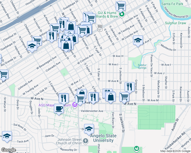 map of restaurants, bars, coffee shops, grocery stores, and more near 1323 Evans Avenue in San Angelo