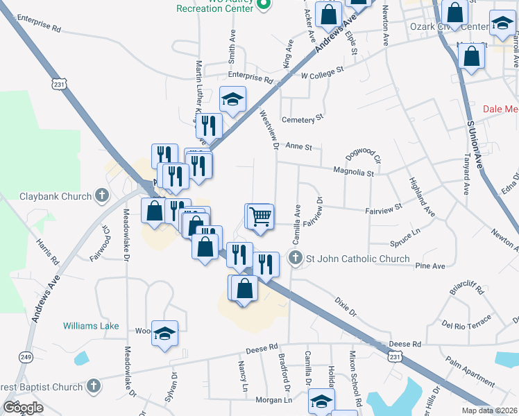 map of restaurants, bars, coffee shops, grocery stores, and more near 330 Stratford Drive in Ozark