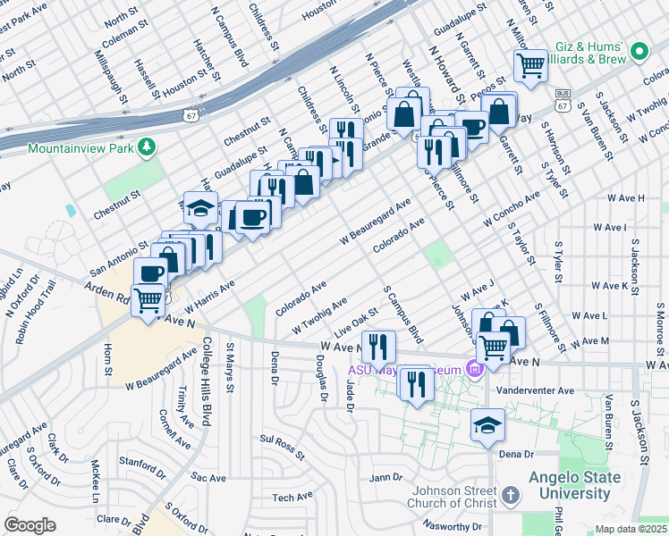 map of restaurants, bars, coffee shops, grocery stores, and more near 2601-2799 W Beauregard Ave in San Angelo