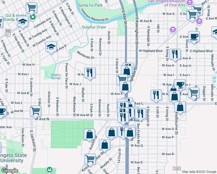 map of restaurants, bars, coffee shops, grocery stores, and more near 1328 Austin Street in San Angelo