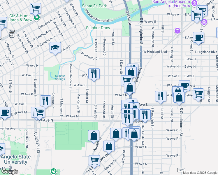 map of restaurants, bars, coffee shops, grocery stores, and more near 1323 Kenwood Drive in San Angelo