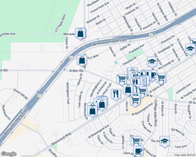 map of restaurants, bars, coffee shops, grocery stores, and more near 3755-3799 Arden Rd in San Angelo