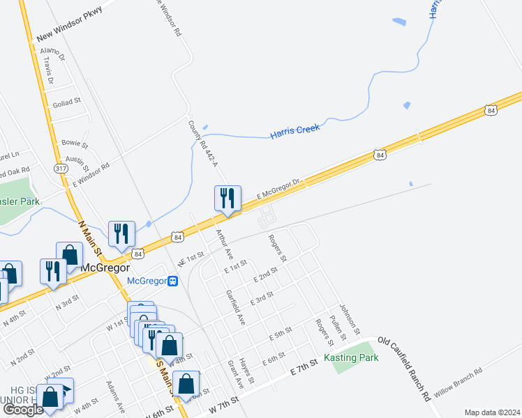map of restaurants, bars, coffee shops, grocery stores, and more near 651 West McGregor Drive in McGregor