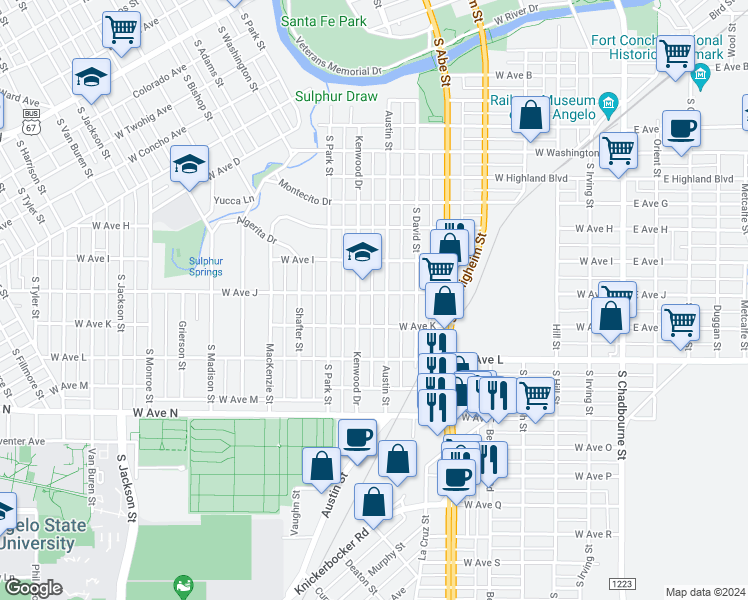 map of restaurants, bars, coffee shops, grocery stores, and more near 707 West Avenue J in San Angelo