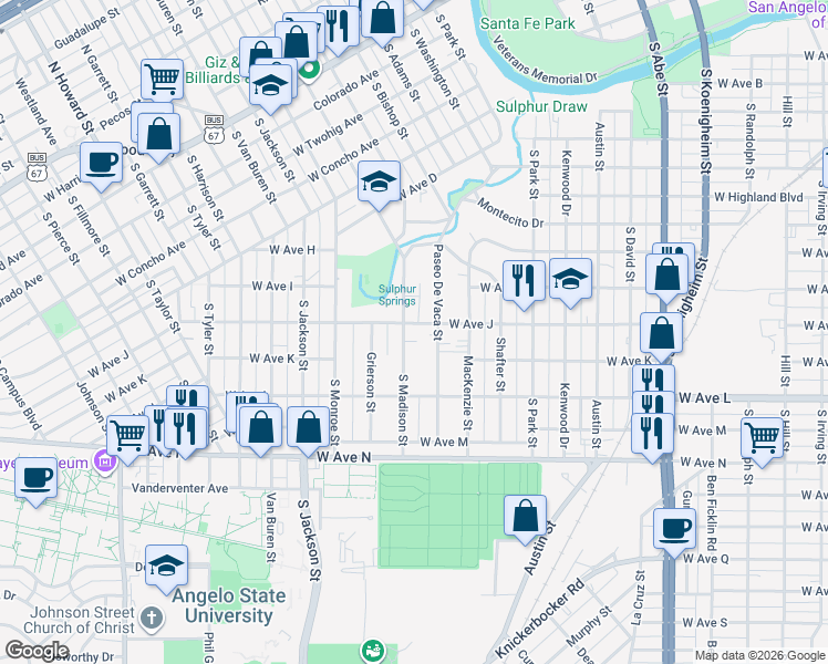 map of restaurants, bars, coffee shops, grocery stores, and more near 309 North Jefferson Street in San Angelo