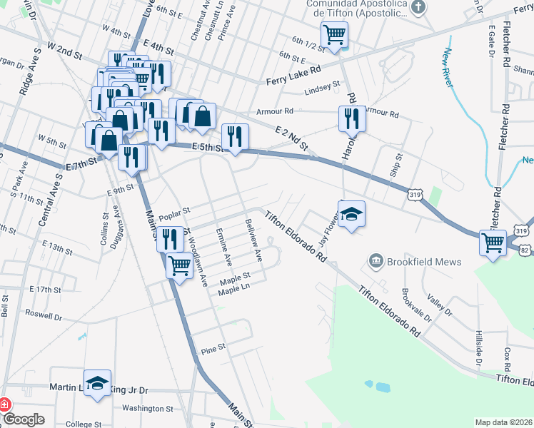 map of restaurants, bars, coffee shops, grocery stores, and more near 9 Tifton Eldorado Road in Tifton