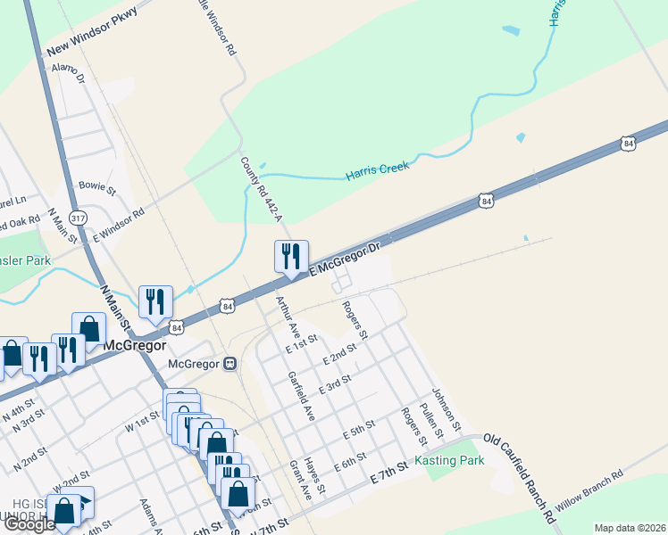 map of restaurants, bars, coffee shops, grocery stores, and more near 651 West McGregor Drive in McGregor