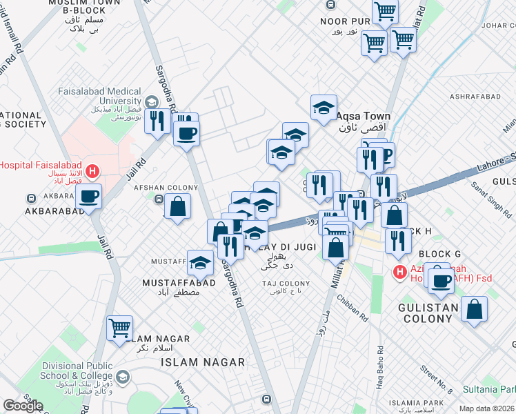 map of restaurants, bars, coffee shops, grocery stores, and more near Noorpur Road in Faisalabad