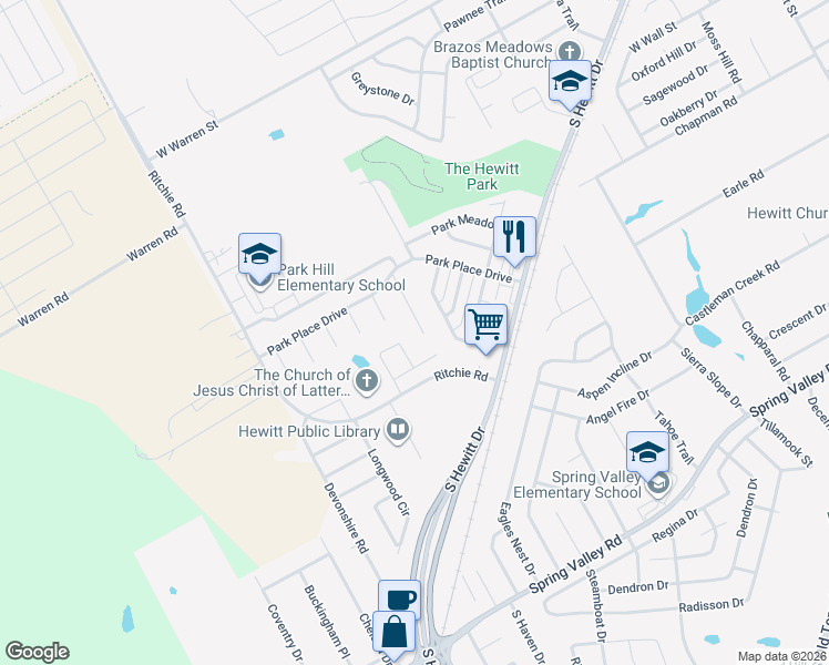 map of restaurants, bars, coffee shops, grocery stores, and more near 633-635 Park Lane in Hewitt