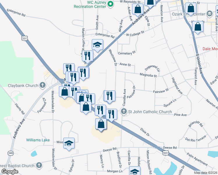 map of restaurants, bars, coffee shops, grocery stores, and more near 330 Stratford Drive in Ozark