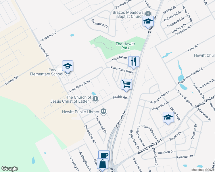 map of restaurants, bars, coffee shops, grocery stores, and more near 633-635 Park Lane in Hewitt