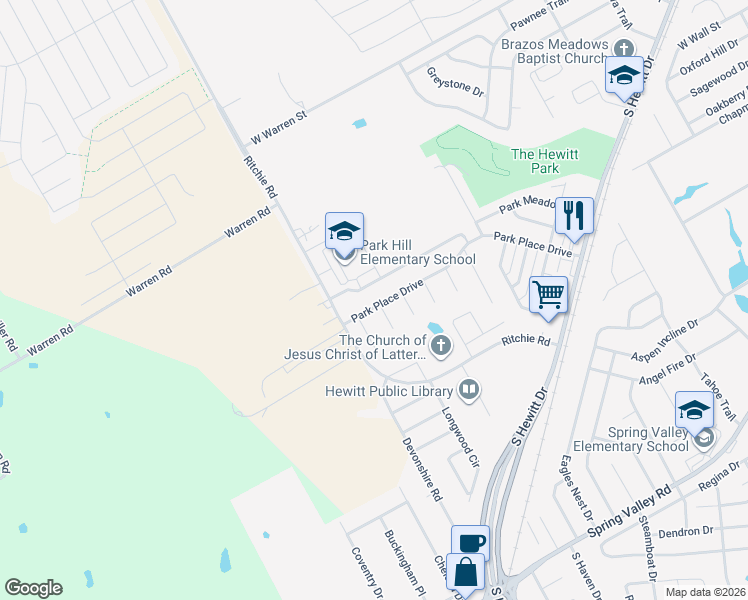 map of restaurants, bars, coffee shops, grocery stores, and more near 386 Park Place Drive in Hewitt