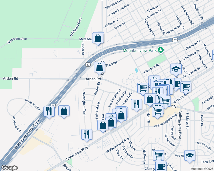 map of restaurants, bars, coffee shops, grocery stores, and more near 3799 Arden Rd in San Angelo