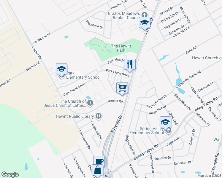 map of restaurants, bars, coffee shops, grocery stores, and more near 932 Vanessa Drive in Hewitt