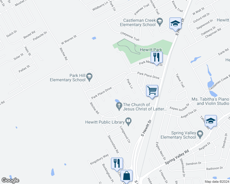 map of restaurants, bars, coffee shops, grocery stores, and more near 613 Park Wood Circle in Hewitt