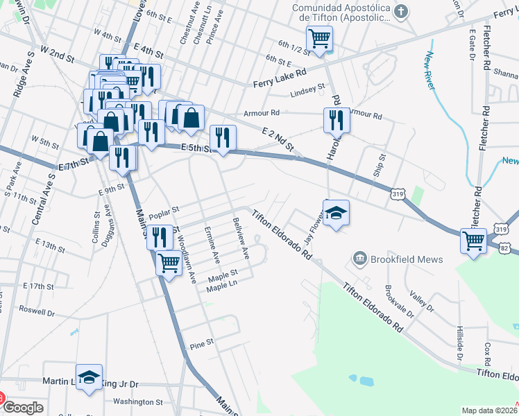 map of restaurants, bars, coffee shops, grocery stores, and more near 9 Tifton Eldorado Road in Tifton