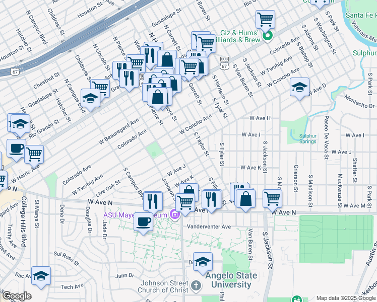 map of restaurants, bars, coffee shops, grocery stores, and more near 2201 Live Oak Street in San Angelo