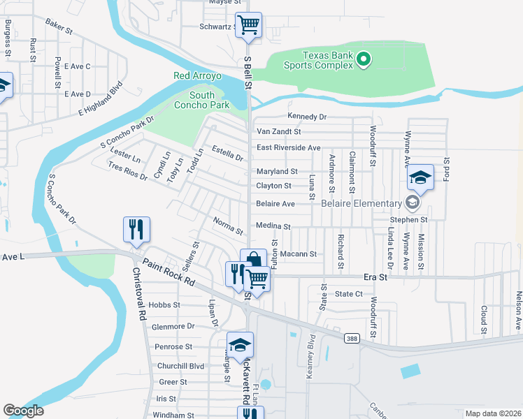 map of restaurants, bars, coffee shops, grocery stores, and more near 107 Belaire Avenue in San Angelo