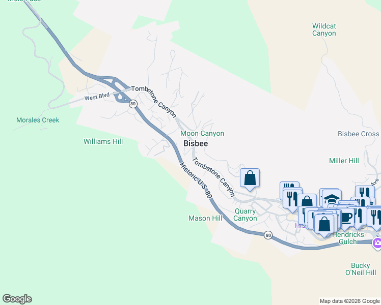 map of restaurants, bars, coffee shops, grocery stores, and more near in Bisbee