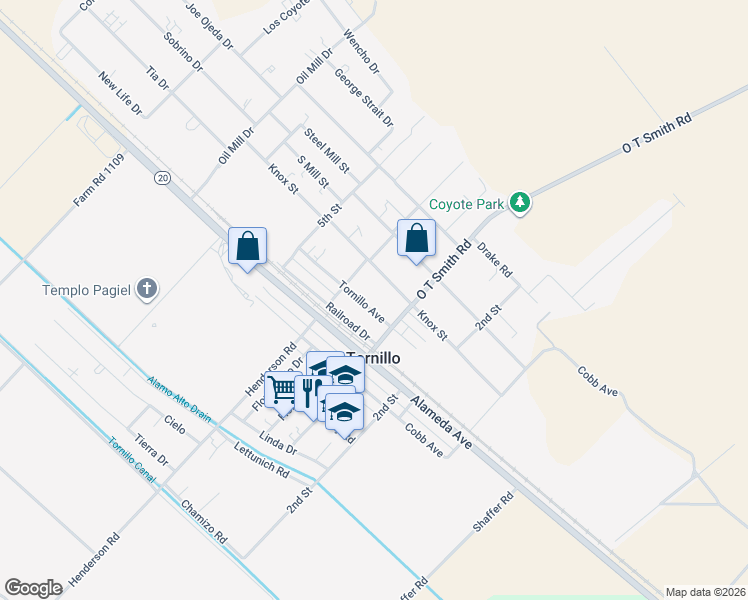 map of restaurants, bars, coffee shops, grocery stores, and more near 19120 Tornillo Avenue in Tornillo
