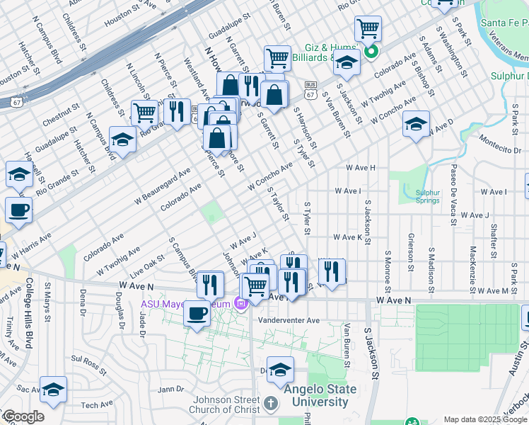 map of restaurants, bars, coffee shops, grocery stores, and more near 2201 Live Oak Street in San Angelo
