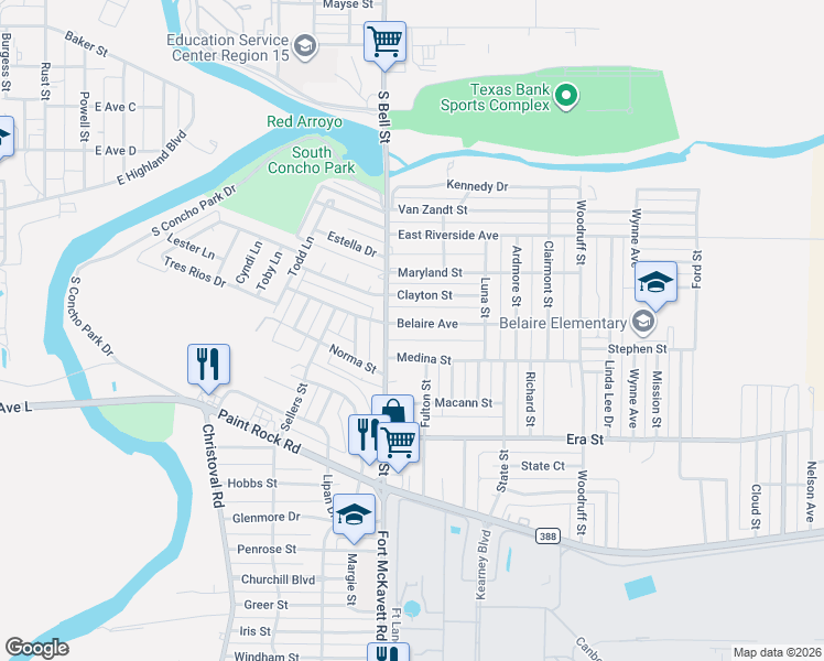 map of restaurants, bars, coffee shops, grocery stores, and more near 103 Belaire Avenue in San Angelo