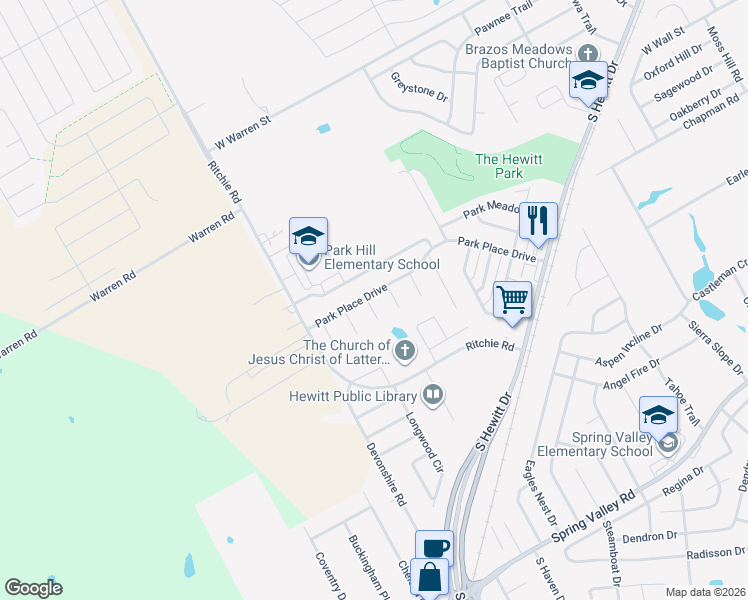 map of restaurants, bars, coffee shops, grocery stores, and more near 606 Monticello Circle in Hewitt
