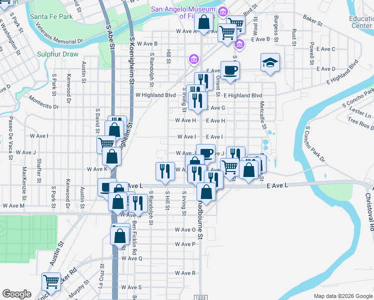 map of restaurants, bars, coffee shops, grocery stores, and more near 2-98 West Ave J in San Angelo
