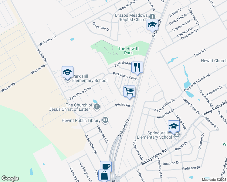 map of restaurants, bars, coffee shops, grocery stores, and more near 633-635 Park Lane in Hewitt