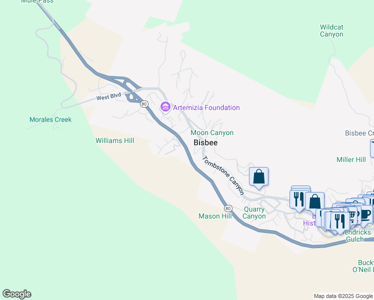 map of restaurants, bars, coffee shops, grocery stores, and more near Arizona 80 in Bisbee