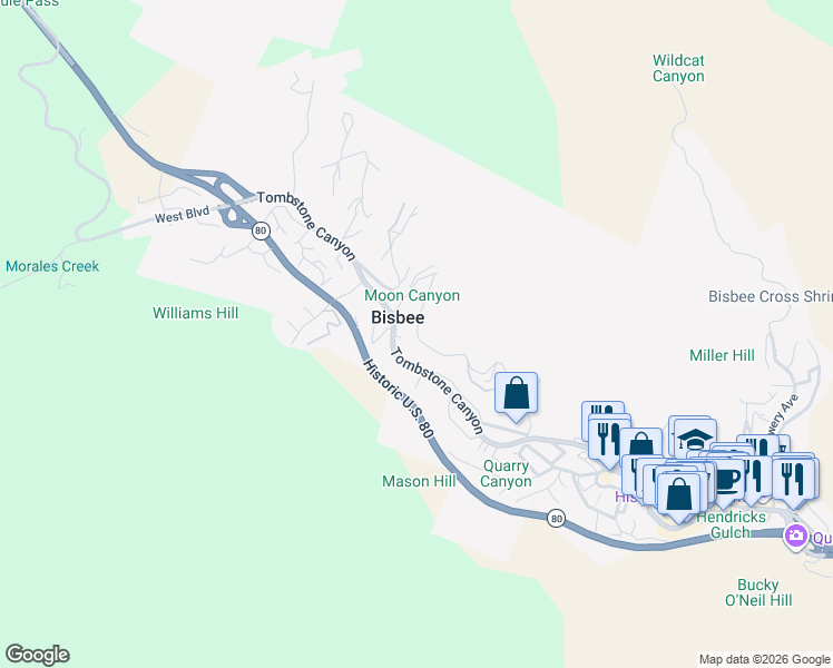 map of restaurants, bars, coffee shops, grocery stores, and more near 621c Adams Avenue in Bisbee