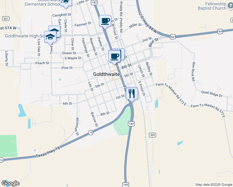map of restaurants, bars, coffee shops, grocery stores, and more near 805 Parker Street in Goldthwaite