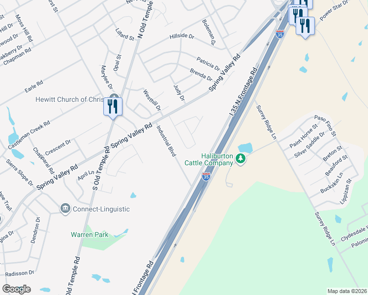 map of restaurants, bars, coffee shops, grocery stores, and more near 1045 Dane Drive in Hewitt