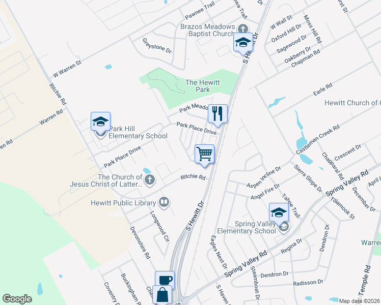 map of restaurants, bars, coffee shops, grocery stores, and more near 932 Vanessa Drive in Hewitt
