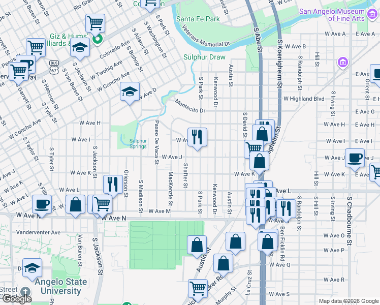 map of restaurants, bars, coffee shops, grocery stores, and more near 1000-1098 West Avenue J in San Angelo