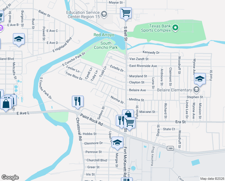 map of restaurants, bars, coffee shops, grocery stores, and more near 503 Sellers Street in San Angelo