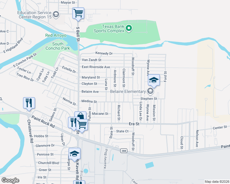 map of restaurants, bars, coffee shops, grocery stores, and more near 1199 Ardmore St in San Angelo