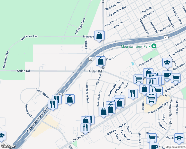 map of restaurants, bars, coffee shops, grocery stores, and more near 3801 Arden Road in San Angelo