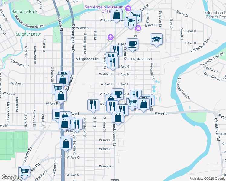 map of restaurants, bars, coffee shops, grocery stores, and more near 2 West Avenue J in San Angelo