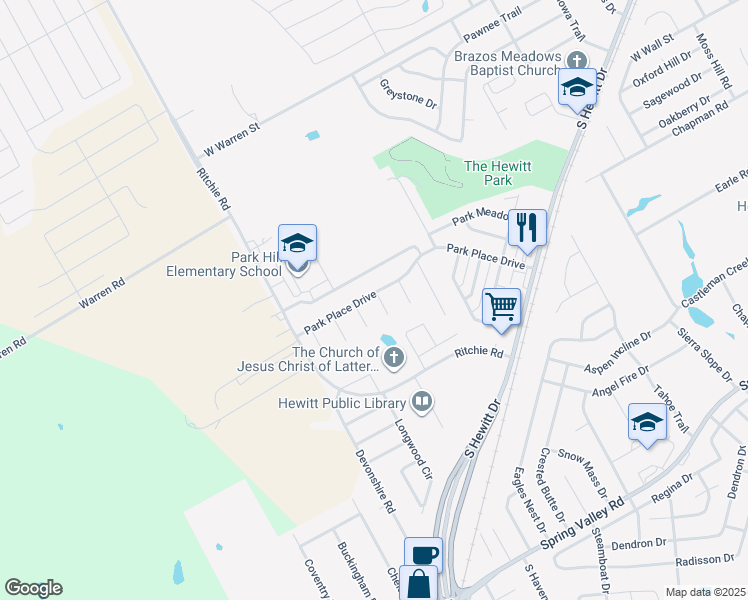 map of restaurants, bars, coffee shops, grocery stores, and more near 606 Monticello Circle in Hewitt