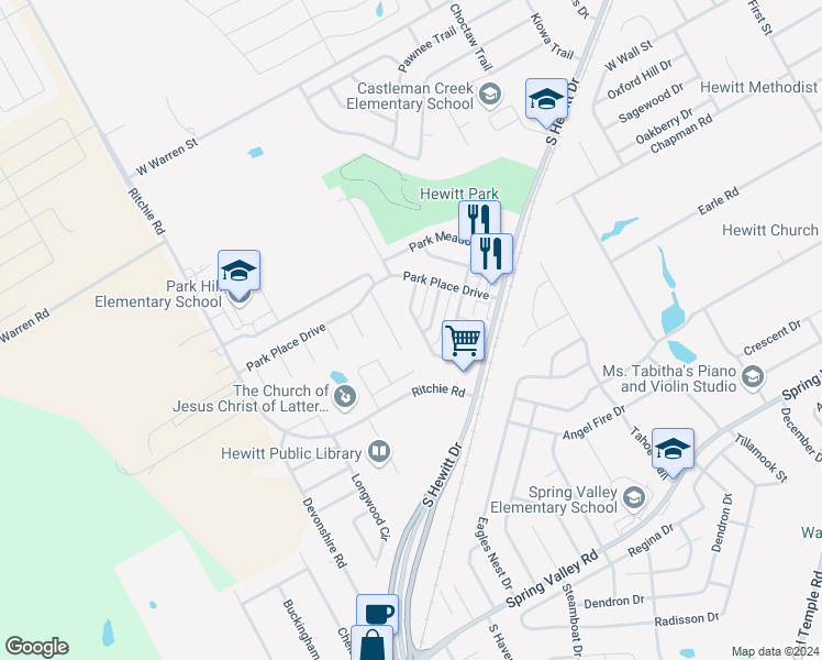 map of restaurants, bars, coffee shops, grocery stores, and more near 1002 Park View in Hewitt