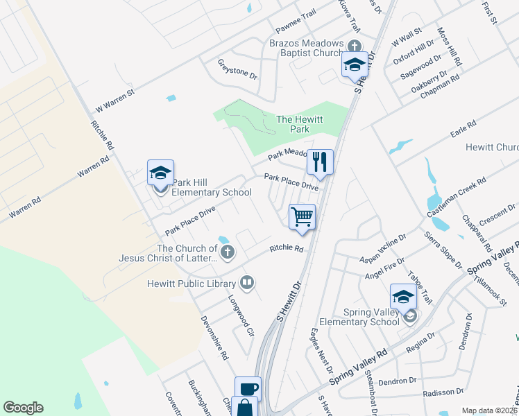 map of restaurants, bars, coffee shops, grocery stores, and more near 636 Park Lane in Hewitt