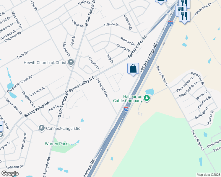 map of restaurants, bars, coffee shops, grocery stores, and more near 1045 Dane Drive in Hewitt