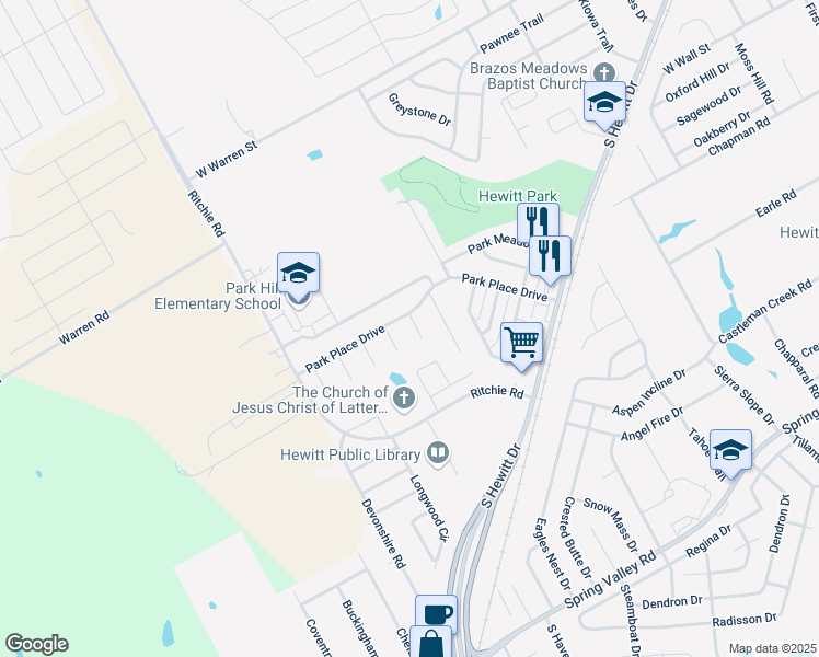 map of restaurants, bars, coffee shops, grocery stores, and more near 607 Park Hill Circle in Hewitt