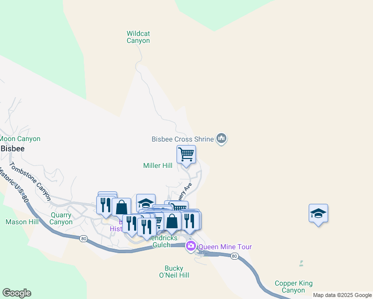 map of restaurants, bars, coffee shops, grocery stores, and more near Brewery Gulch in Bisbee