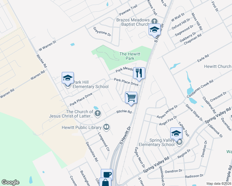 map of restaurants, bars, coffee shops, grocery stores, and more near 633-635 Park Lane in Hewitt